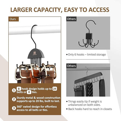 ZEDODIER 2 Pack Tie Hanger & Belt Organizer, Rotatable Tie Rack Space Saving Tie Holder with 16 Adjustable Hooks for Closet Organizers and Storage, Sturdy Belt & Tie Collection Storage, Black