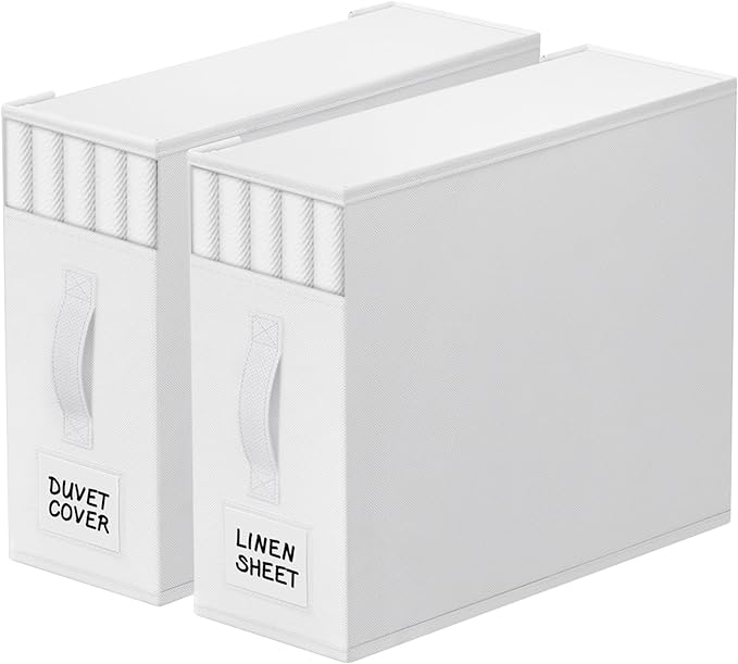StorageTastic 2 Pack Bed Sheet Closet Organizers and Storage,Sturdy Foldable Storage Containers with Window and Label,Storage and Organization for Bedding Sheets,Duvet Covers,Blankets (White)