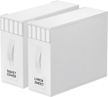 StorageTastic 2 Pack Bed Sheet Closet Organizers and Storage,Sturdy Foldable Storage Containers with Window and Label,Storage and Organization for Bedding Sheets,Duvet Covers,Blankets (White)