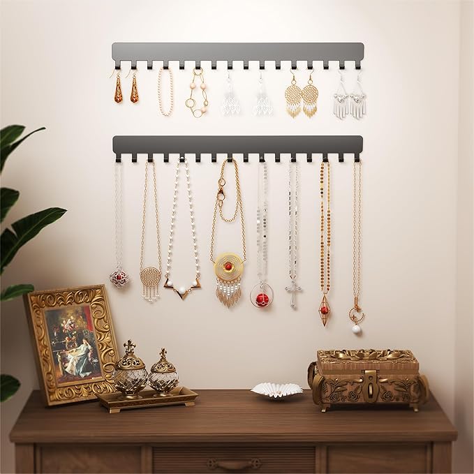 Bussdis Necklace Holder - Extended Hanging Jewelry Organizer, Self-Adhesive, Wall Mount, 2 Pack, Black