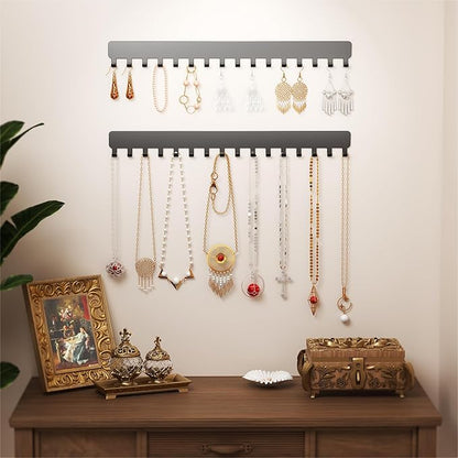 Bussdis Necklace Holder - Extended Hanging Jewelry Organizer, Self-Adhesive, Wall Mount, 2 Pack, Black