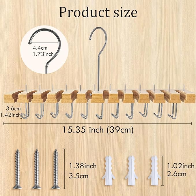 Wooden Belt Hanger for Closet 2-in-1 Wall Mount Belt Organizer Holder for Closet Organizer Storage, Ratchet Belt Rack Closet Accessories with 12 Slots & 11 Hooks