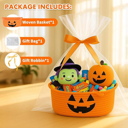 ShellKingdom Halloween Basket, Storage Basket with Handles, Empty Halloween Decorations Gift Baskets with Gift Bags and Ribbon, 12 X 8 X 5 INCH
