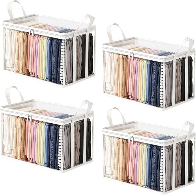 Large Heavy-Duty Thick Plastic Clear Storage Bag for Clothes - Foldable Clear Storage Tote with Reinforced Handles & Zipper for Moving, Dorm, Closet & Underbed Organization (White,4pcs)