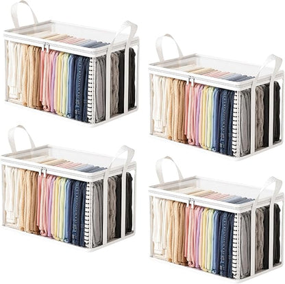 Large Heavy-Duty Thick Plastic Clear Storage Bag for Clothes - Foldable Clear Storage Tote with Reinforced Handles & Zipper for Moving, Dorm, Closet & Underbed Organization (White,4pcs)
