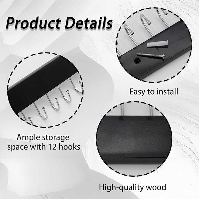 2 PCS Black Hanging Jewelry Organizer, Wooden Wall Mounted Necklace Holder with 28 Hooks, Jewelry Display Hangers, Coat Rack Belt Organizer for Bags, Ties, Keys(Black)
