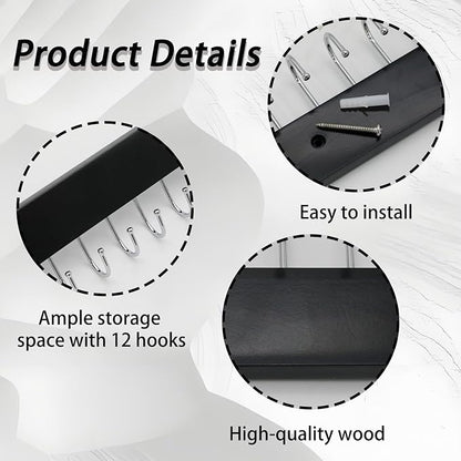 2 PCS Black Hanging Jewelry Organizer, Wooden Wall Mounted Necklace Holder with 28 Hooks, Jewelry Display Hangers, Coat Rack Belt Organizer for Bags, Ties, Keys(Black)