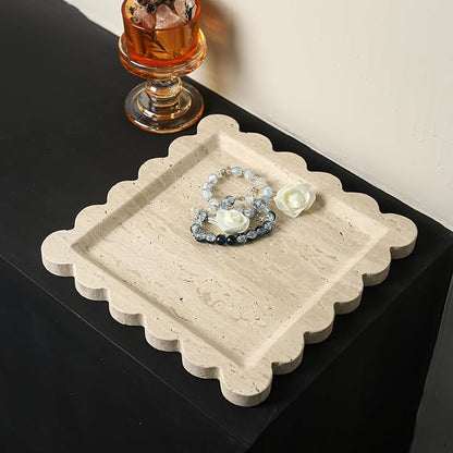 Natural 100% Travertine Vanity Tray Luxury Scalloped Marble Tray, Italian Travertine Tray for Home Decor Bathroom Kitchen Candle Key (Square-9.8 * 9.8-Beige Travertine)