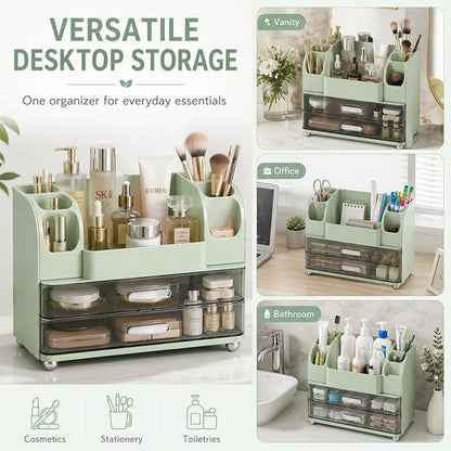 Makeup Organizer with 2 Drawers, Cosmetic Display Case, Storage Holder for Vanity, Bathroom Counter, Desk, Beauty Supplies (Green)