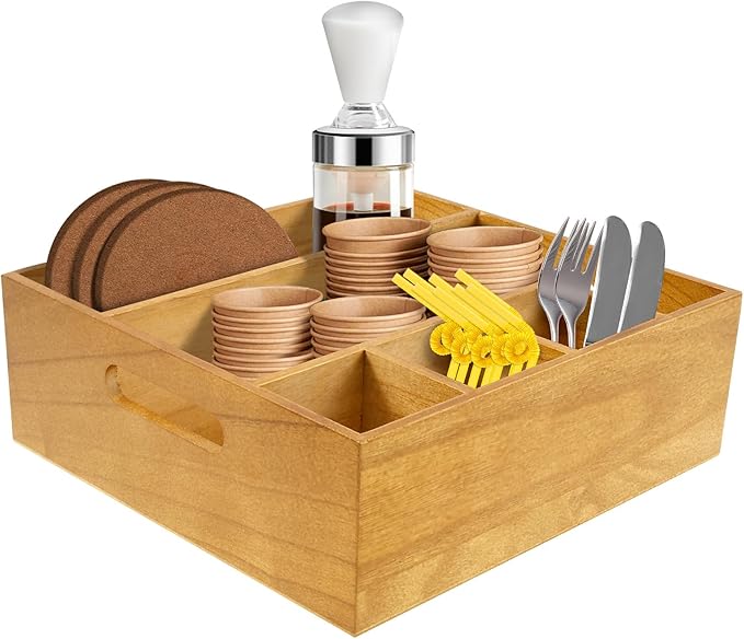Wood Utensil Holder for Party, Paper Plate Dispenser and Holder for Kitchen Counter, Paper Plate Organizer for Countertop, Wood Silverware Caddy for Cups Spoons Forks Plates Napkins