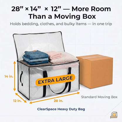 ClearSpace Oversized Moving Bags or Storage Bag – Large Moving Boxes with Backpack Straps, Zippers & Handles – Heavy-Duty Packing Bags for Moving, College Dorm, Christmas Decorations, 2 Pack