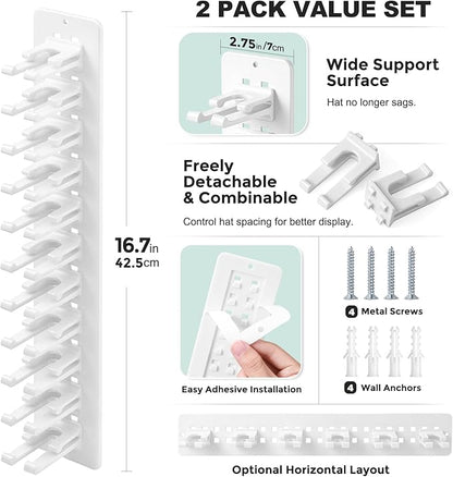 2 Pack Hat Organizer for Baseball Caps,Detachable DIY Hat Rack for Wall Hold Up to 22 Hats,Baseball Cap Organizer Cap Holder Hat Hangers for Wall Closet Door Bedroom(1A-White)