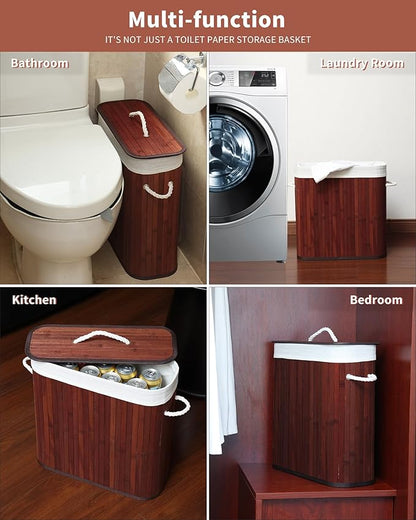 Bamboo Toilet Paper Storage with Lid & Handel, 8 Gallons (30L), Sturdy Toilet Paper Basket, Organizer for Bathroom, Kitchen, Holder with Storage, Brown
