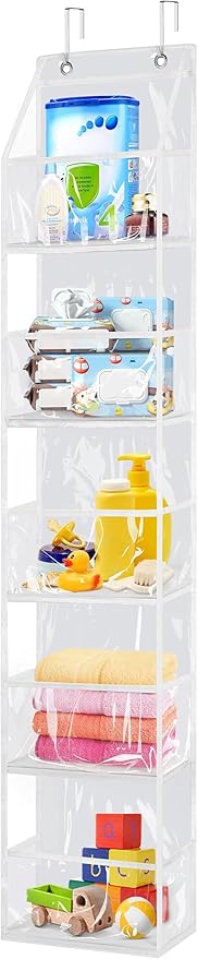 Libeder Over the Door Storage Organizer,5 Large Pockets Foldable Hanging Organizer Closet Door Organizer Clear PVC Hanging Storage Bag for Bedroom, Nursery, Toys, Shoes, Diapers(White)