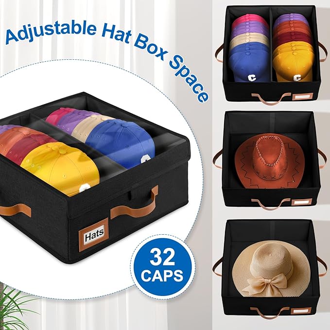Dofilachy 2-in-1 Stackable Hat Storage for Baseball Caps with Clear Lid, Holds 28-32 Caps - Adjustable Space Hat Organizer for Baseball & Cowboy Hats, Closet Box for Men & Women (Black)