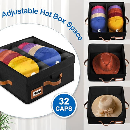 Dofilachy 2-in-1 Stackable Hat Storage for Baseball Caps with Clear Lid, Holds 28-32 Caps - Adjustable Space Hat Organizer for Baseball & Cowboy Hats, Closet Box for Men & Women (Black)