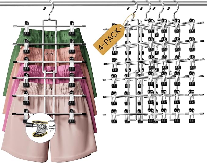 DAMITA Skirt Pants Hangers with Clips Space Saving Hanging Closet Organizer 6 Tiers Hanger with 360° Swivel Hook, Finger-Safe Design- College Dorm Room Apartment Essentials 4-Pack