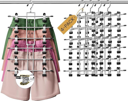 DAMITA Skirt Pants Hangers with Clips Space Saving Hanging Closet Organizer 6 Tiers Hanger with 360° Swivel Hook, Finger-Safe Design- College Dorm Room Apartment Essentials 4-Pack