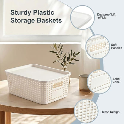 8 Pack Small Plastic Storage Baskets with Lids, Plastic Storage Baskets for Organizing, Stackable Organizer Baskets, Small Storage Bins for Shelves,Closet,Craft Room,Playroom,Classroom,Office, White