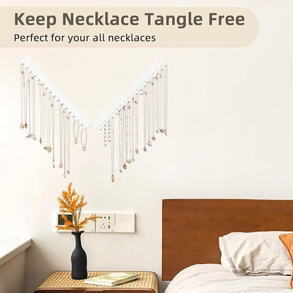 Acrylic Necklace Holder 2 Pack Wall Mounted Necklace Organizer Hanging Jewelry Organizer with 17 Hooks for Necklaces, Bracelets, Rings and Bangles Display (14.17 inch，White)