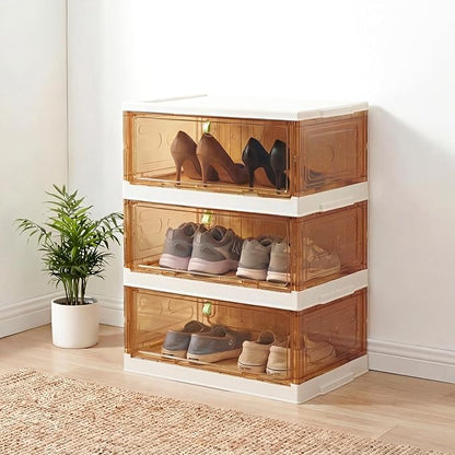 Shoe Rack Organizer for Entryway/Closet,Stackable Magnetic-Door Shoe Boxes,Foldable Space-Saving Sneaker&Boot Containers,Thichen&Sturdy Plastic Cabinet 3 Tiers 6 Pairs,Taupe