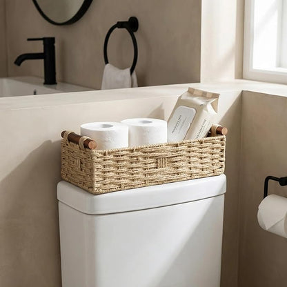 Woven Bathroom Basket with Wood Handles — Toilet Paper Storage Organizer, Back of Toilet Basket, Natural Wicker Basket for Tank Top, Countertop or Shelf