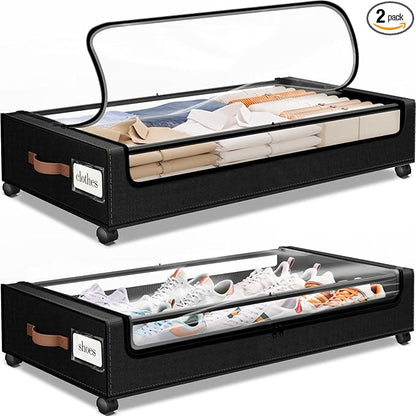 SpaceHacks Under Bed Storage with Wheels 2Pack Storage Containers with Clear Window&Label Under Bed Drawers Rolling Under Bed Storage for Clothes,Shoes, Blankets (30.71 x 16.93 x 6.69 in, Black)