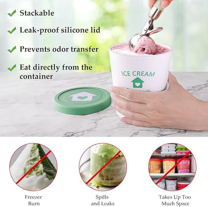 cyrico Ice Cream Containers with Silicone Lids for Homemade Ice Cream, 4 Pack 1 Quart Each Reusable Sorbet Frozen Yogurt Storage Containers Set BPA Free Stackable Leakproof Dishwasher Freezer Safe