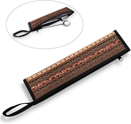 Ethnic Tribal Portable Travel Straw Tableware Storage Bag with Handle Cutlery Carrying Case Reusable Party Flatware Organizer for Chopsticks, Toothbrush