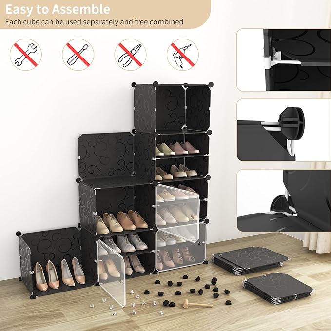 Portable Shoe Rack Organizer with Door, 80 Pairs Shoe Storage Cabinet Easy Assembly, Plastic Adjustable Shoe Storage Organizer Stackable Detachable Free Standing DIY Expandable 10 Tier Black