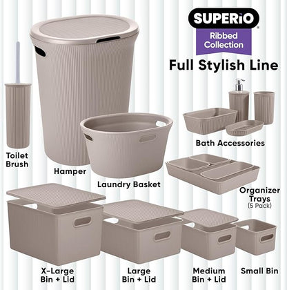 Decorative Plastic Basket Open Home Storage Bins Organizer Baskets, Small Taupe (4 Pack) Container Boxes for Organizing Closet Storage Bins for Shelves Drawer Shelf - Ribbed Collection 1.5 Liter