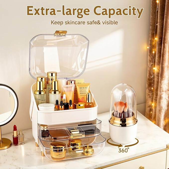 Makeup Organizer with Drawers-Cosmetic Display Case for Vanity-Skincare Organizer with 360 Rotating Brush Holder,Large Storage Box Dresser for Women Gifts, Bathroom Countertop,Gold