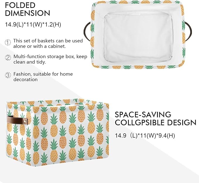 Fun Pineapple Storage Basket Bin, Large Cube Storage Box Canvas Collapsible Storage Organizer for Home Office Closet, 2PCS - 15 L x 11 W x 9.5 H