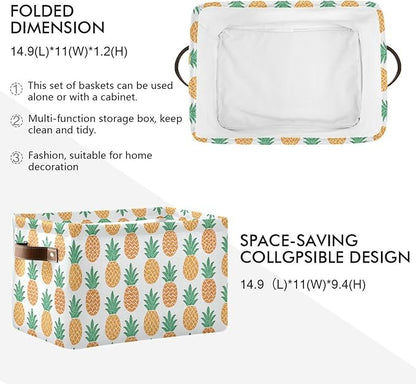 Fun Pineapple Storage Basket Bin, Large Cube Storage Box Canvas Collapsible Storage Organizer for Home Office Closet, 2PCS - 15 L x 11 W x 9.5 H