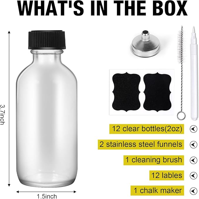 2oz Small Clear Glass Bottles with Lids, 2 Stainless Steel Funnel, 12 Labels, 1 Chalk Marker, 1 Brush - Reusable Boston Bottle for Juice, Ginger Shot, Wellness, Oils, Liquids, Leakproof Travel Bottle