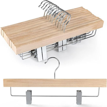 TOPIA HANGER Natural Unfinished Wood Pants Hangers, Wooden Skirt Hanger with Adjustable Clips, 360° Swivel Anti-Rust Hook, Smooth Finish Wood for Trousers 10 Pack-CT10PN