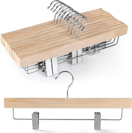 TOPIA HANGER Natural Unfinished Wood Pants Hangers, Wooden Skirt Hanger with Adjustable Clips, 360° Swivel Anti-Rust Hook, Smooth Finish Wood for Trousers 10 Pack-CT10PN