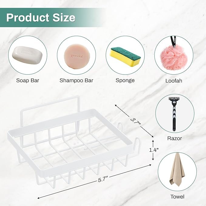 White Soap Dish for Shower Wall, Adhesive Self Draining Shower Bar Soap Holder Container Caddy Saver with 2 Hooks for Razor Loofah, Shampoo Sponge Tray Case Box for Bathroom Kitchen Sink