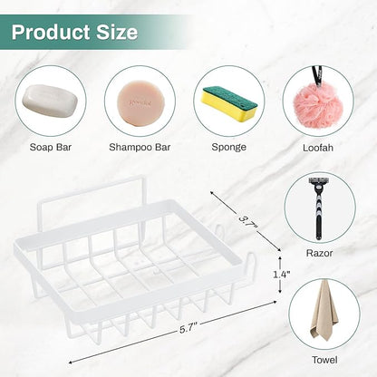 White Soap Dish for Shower Wall, Adhesive Self Draining Shower Bar Soap Holder Container Caddy Saver with 2 Hooks for Razor Loofah, Shampoo Sponge Tray Case Box for Bathroom Kitchen Sink