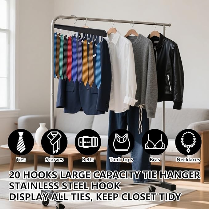 4 Pcs Tie Organizer for Closet, Wood Belt Hanger 2 in 1 Tie Racks for Men Closet with 20 Folding Hooks(Black)