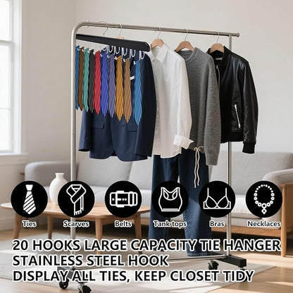 4 Pcs Tie Organizer for Closet, Wood Belt Hanger 2 in 1 Tie Racks for Men Closet with 20 Folding Hooks(Black)
