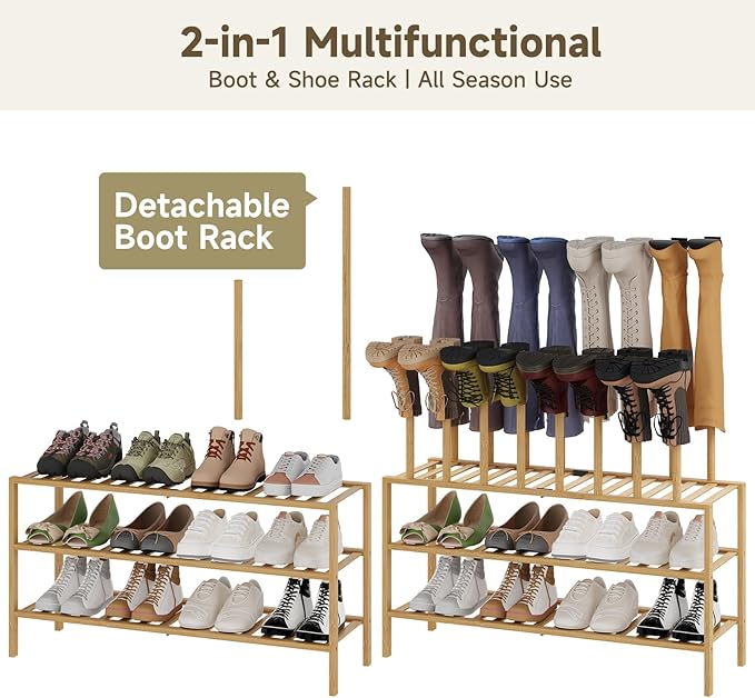 Boot Rack for Tall Boots Organizer,3-Tier Multiuse Shoe Rack and Boot Storage Rack,for Tall Boots,Sneakers,High-Heel (Natrual, 3-Tier-Long)