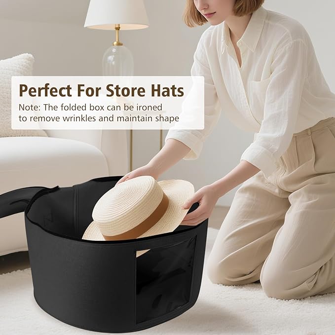 HEAVYWOOD Hat Box for Women Storage Travel Felt Hat Case for Wide-Brim Cowboy Hat Storage Foldable Organizer for Closet Large Round Hat Carrier with Portable Handle (Pure Black)