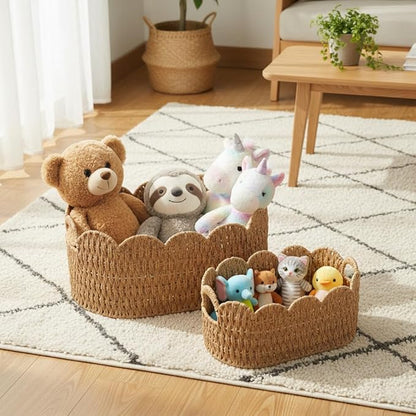 Coeusy Paper Rope Scalloped Basket Set of 2,Woven Storage Baskets for Shelves,Laundry,Towels,Clothes,Books,Toys,Cute Decor Baskets for Organizing,Natural Color