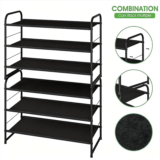 Ekisemio 3-Tier Stackable Shoe Rack – Expandable & Adjustable Fabric Shoe Organizer, Space-Saving for Closet, Black