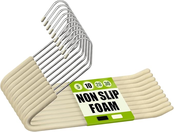 Spring Fever Open Ended Non Slip Sponge Padded Pants Hangers - Chrome Plating Foam Heavy Duty Space Saving Beige 10