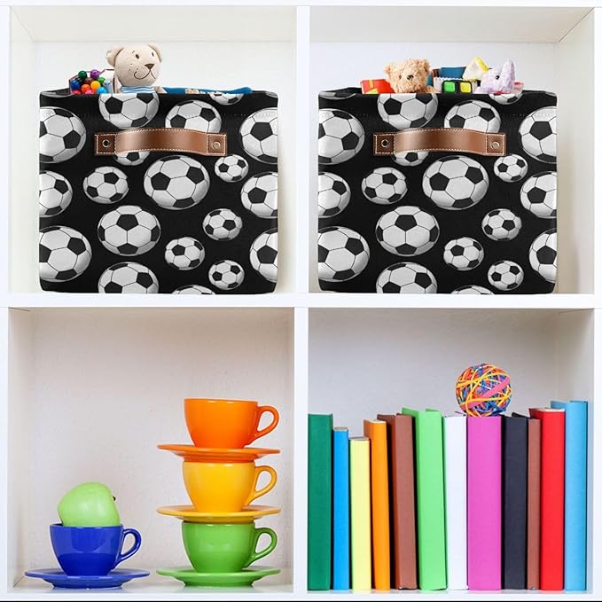 Football Soccer Large Storage Basket Cube Storage Bin Canvas Fabric Organizer Handles Collapsible Decorative for Clothes Toys Bedroom