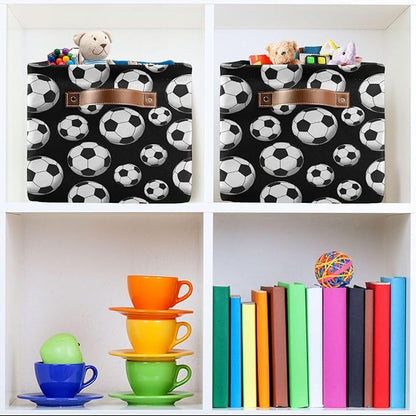 Football Soccer Large Storage Basket Cube Storage Bin Canvas Fabric Organizer Handles Collapsible Decorative for Clothes Toys Bedroom