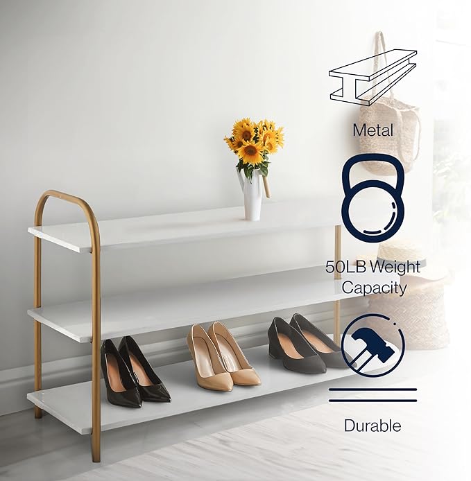 happimess SRK1001A Modern 24" 9-Pair 3-Tier Iron Curved Decker High End Table & Shoe Rack, White/Gold, for Entryway, Hallway, Closet, Doorway, Bedroom