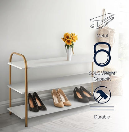 happimess SRK1001A Modern 24" 9-Pair 3-Tier Iron Curved Decker High End Table & Shoe Rack, White/Gold, for Entryway, Hallway, Closet, Doorway, Bedroom